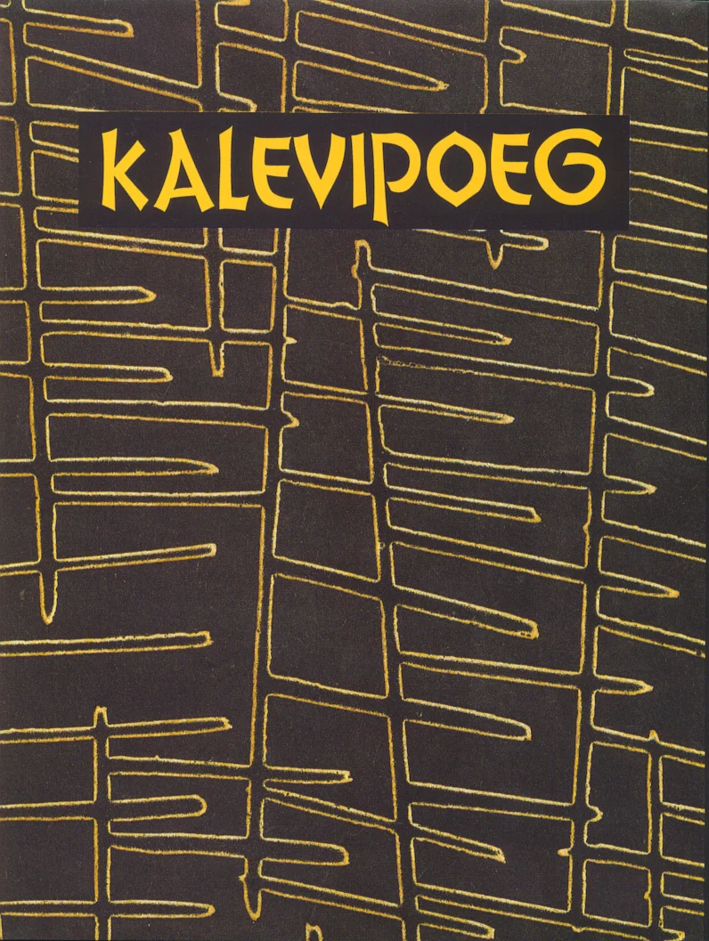 Kalevipoeg - Friedrich Reinhold Kreutzwald (Symposia Press, 1999). Tumepruunil taustal on kuldkollased abstraktsed geomeetrilised jooned, mis meenutavad ruunikiri- või punutismustrit. Kaanekujundus on minimalistlik ja graafiline, kuldne tekst paikneb üleval vasakul küljel.