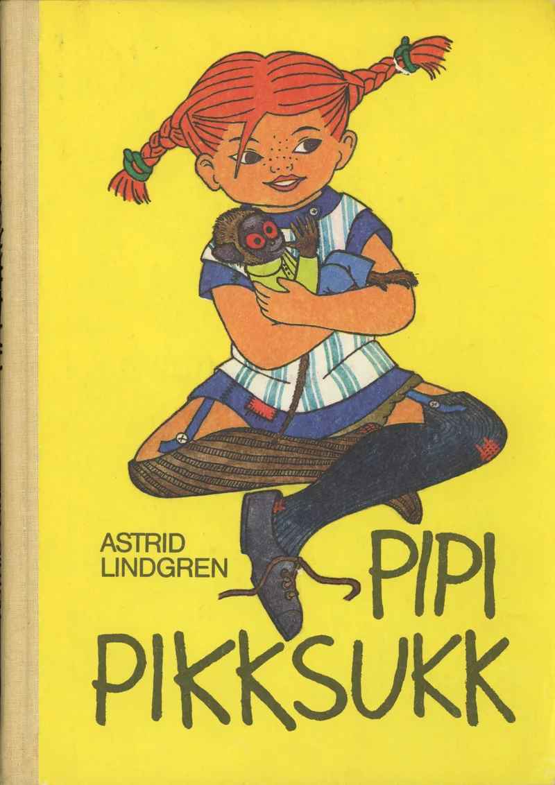 Pipi Pikksukk - Astrid Lindgren (Eesti Raamat, 1988). Kollase taustaga kaanel on joonistatud tüdruk punaste patside ja laialt naeratava näoga, kes istub kükitades ja hoiab käsi risti rinna eal. Tegelane kannab ruudulist kleiti ja triibulisi pikki sokke.
