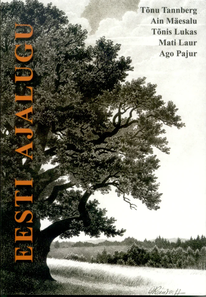 Eesti ajalugu - Mati Laur, Tõnis Lukas, Ain Mäesalu, Tõnu Tannberg, Ago Pajur (Avita, 1997). Mustvalge graafiline illustratsioon suursugusest tamme- või lehisepuust, mille oksad ulatuvad laiali hele-tumeda taeva taustal. Detailne ja klassikaline naturalistlik stiil.