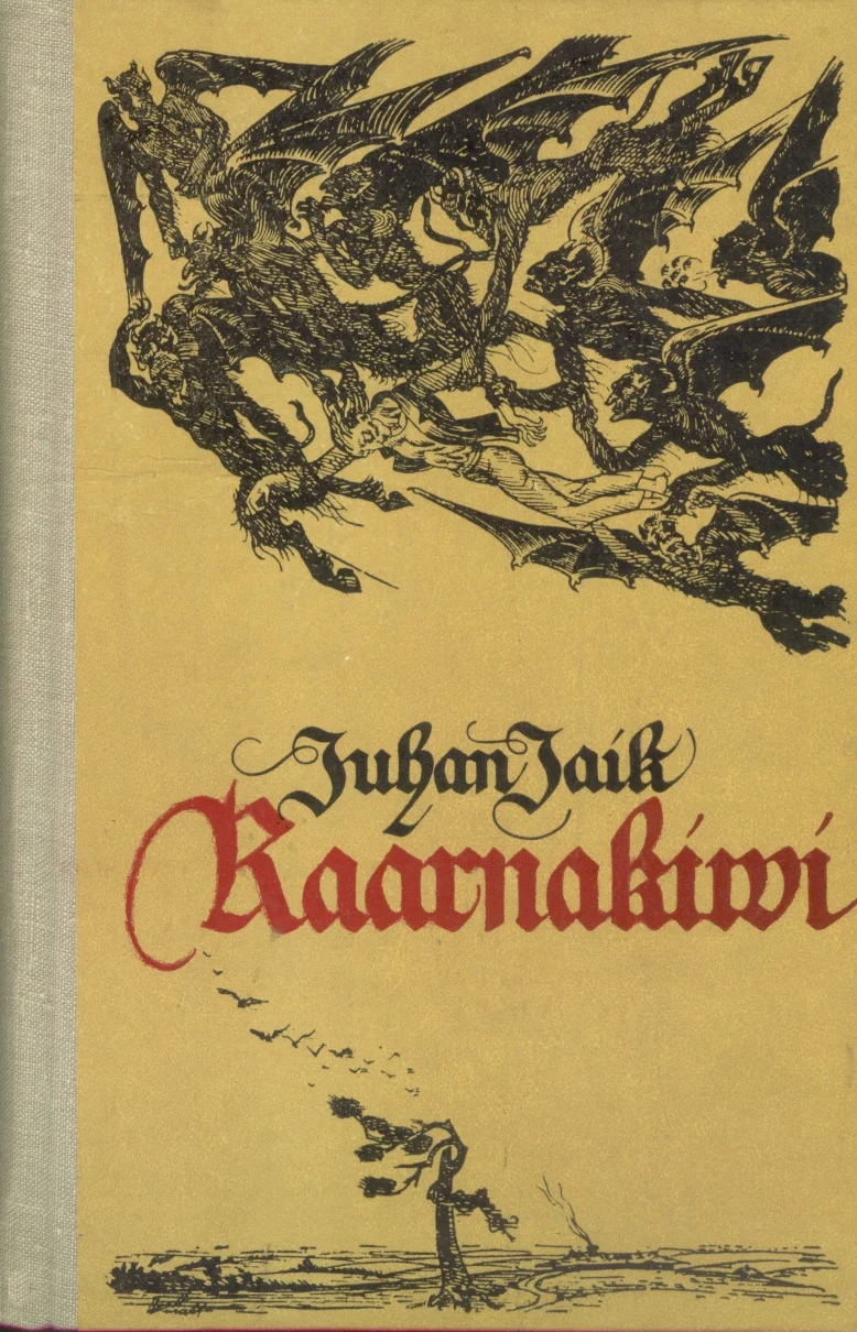 Kaarnakivi - Juhan Jaik (Eesti Raamat, 1980). Kollakasbeežil taustal must-valge graafikaline illustratsioon, mis kujutab dramaatilises liikumises kaarnaid ja müstilisi tumedaid kujusid tormises õhus.