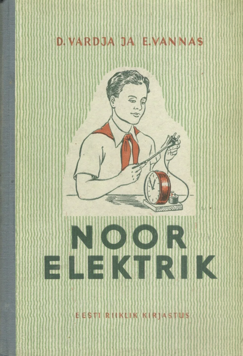 Noor elektrik - Edgar Vannas, Daniel Vardja (Eesti Riiklik Kirjastus, 1952). Rohelisel taustal mustjooneline illustratsioon noorest poisist, kes hoiab käes elektripirni ja vaatab seda tähelepanelikult. Joonisjooneline, 1950ndate aastate õppekirjandusele iseloomulik lihtne ja selge graafiline stiil.