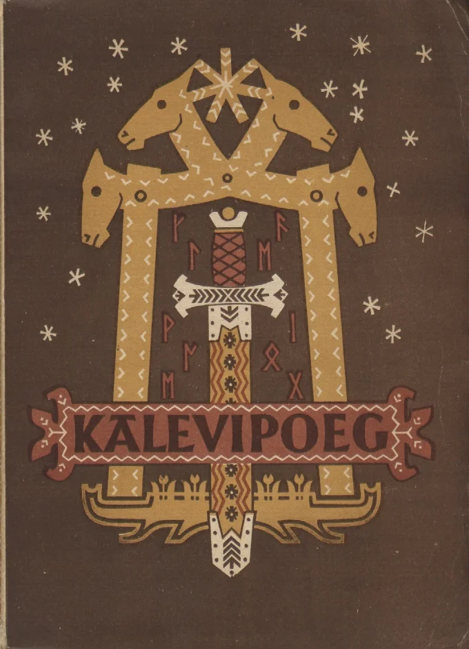 Kalevipoeg - Friedrich Reinhold Kreutzwald (Ilukirjandus ja Kunst, 1946). Pruunil taustal kujutatud stiliseeritud rahvapärane kujundus kahe kuldse hobusega küljelt vaadatuna, mille vahel asub dekoratiivne reljeefne ornament. Kaunistuseks on lumehelveste motiivid ja punakad etnilised mustrid, mis annavad kaanele rahvusliku käsitöö ilme.
