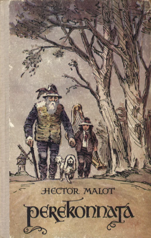 Perekonnata - Hector Malot (Eesti Riiklik Kirjastus, 1959). Illustratsioon kujutab vana rändajat lapsega metsateel kõndimas, taustal paistavad puud ja tuuleveski. Joonistus on detailne ja vintage-stiilis, kasutades pruunikaid ja rohelisi toone.