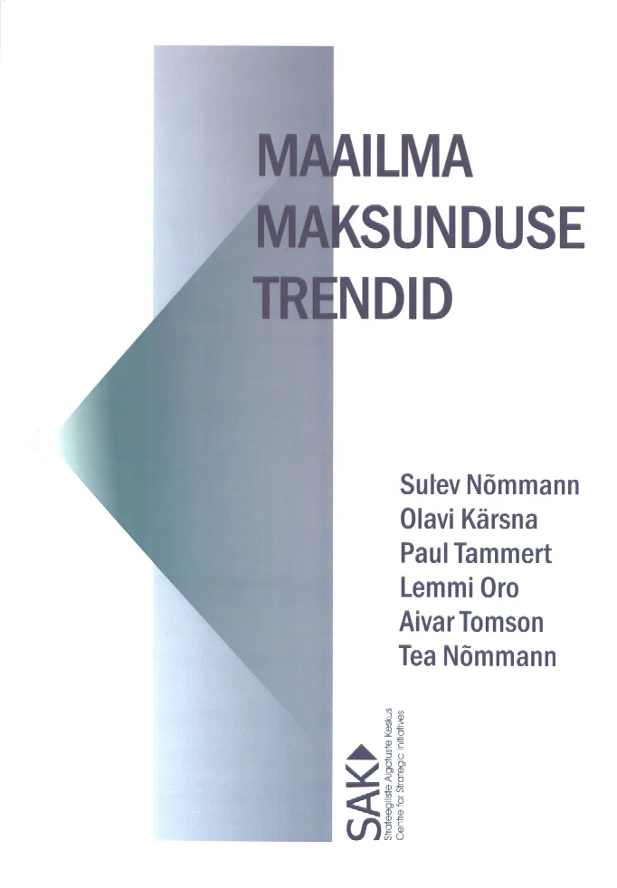 Maailma maksunduse trendid - Sulev Nõmmann, Olavi Kärsna, Paul Tammert, Lemmi Oro, Aivar Tomson, Tea Nõmmann (2003). Minimalistlik valge kaanekujundus kolmnurkse teal-halli geomeetrilise kujundiga vasakul pool. Puhas ja professionaalne välimus lihtsa tüpograafia ja neutraalsete toonidega.