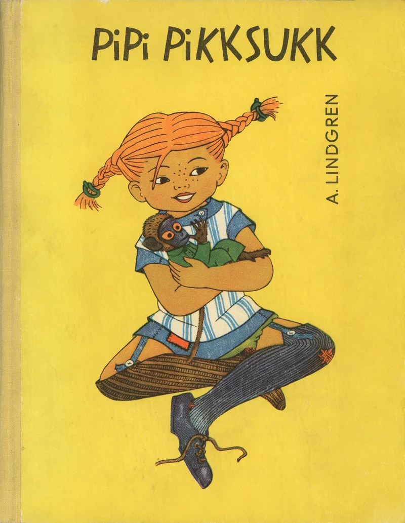 Pipi Pikksukk - Astrid Lindgren (Eesti Raamat, 1968). Kollase taustaga kaanel on joonistatud tüdruk punaste palmikutega, sinine ruuduline kleit seljas, käes ahvipoja mänguasi. Illustratsioon on lapsepärase ja rõõmsa stiiliga.