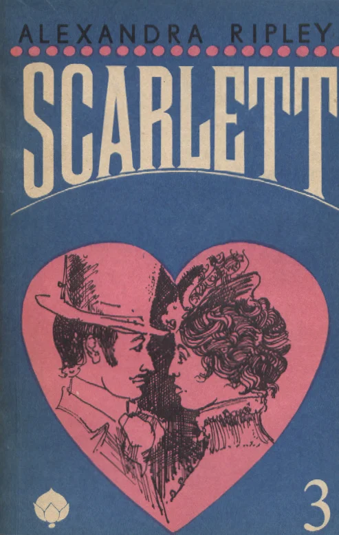 Scarlett - Alexandra Ripley (Kupar, 1992). Sinisel taustal asuv roosa süda, mille sees on joonistuslikul stiilis kujutatud mehe ja naise profiilid, vaadates teineteisele otsa. Klassikalises gravüüristiilis mustvalge illustratsioon loob romantilist õhkkonda.