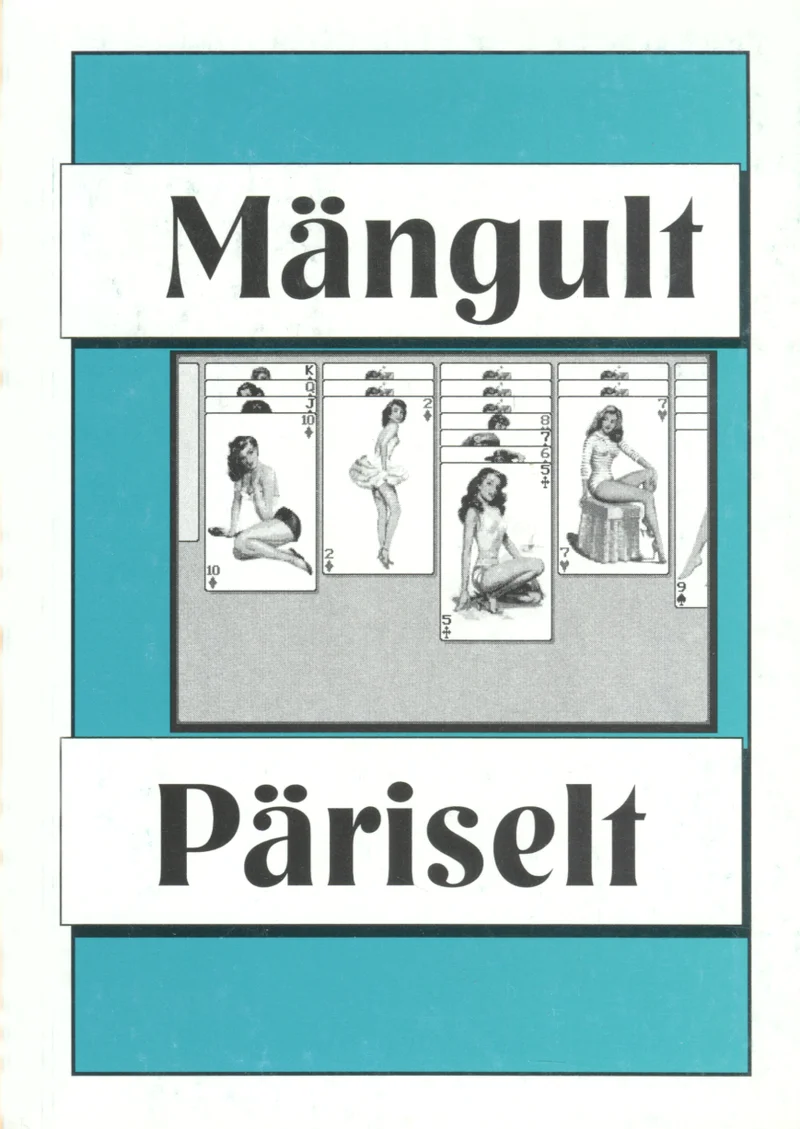 Mängult-päriselt (Eesti Keele Instituut, 1996). Minimalistlik kaanekujundus türkiissinisel taustal, mille keskel on valge riba kuue mustjoonelise illustratsiooniga, mis kujutavad erinevates poosides inimfiguure.