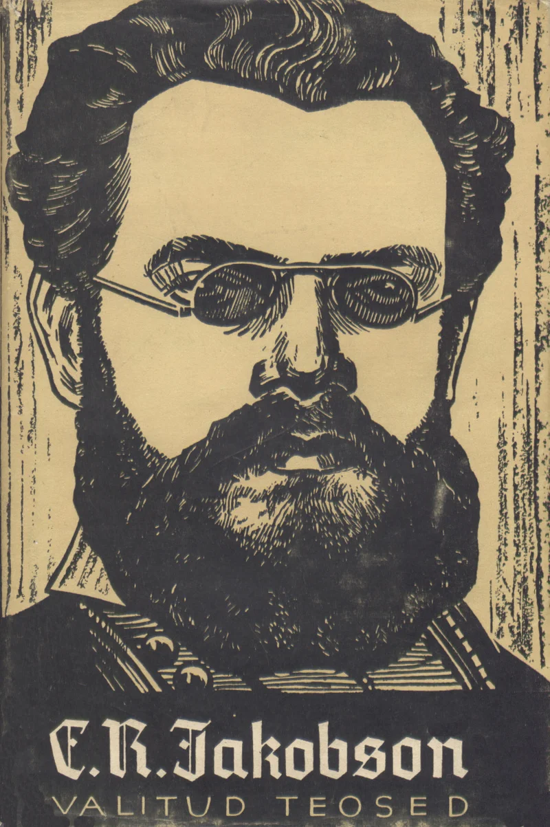Valitud teosed - Carl Robert Jakobson (Eesti Riiklik Kirjastus, 1959). Kaanel on mustvalge graafiline portree habemega mehest prillides, joonistatud puulõike või linoolõike stiilis. Taust on kollakasbeež, kujutis aga kontrastne ja ekspressiivne.