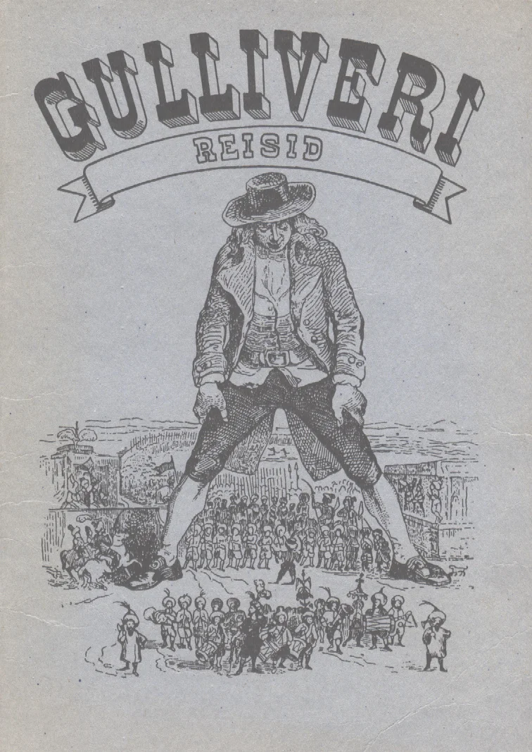 Gulliveri reisid - Jonathan Swift (Oktoober, 1991). Mustvalge gravüüristiilis illustratsioon, millel kujutatakse hiiglaslikku Gulliveri seismas rahvahulga kohal, väikesed lilliputlased tema ümber ja jalge all.