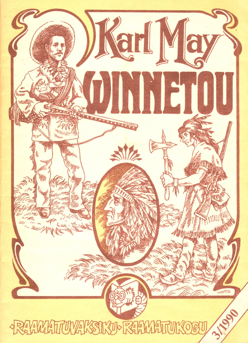Winnetou - Karl May (Eesti Raamat, 1990). Kollakasbeežil taustal kujutatud kaks joonistatud tegelast: vasakul noor cowboy püssiga ja paremal uhke peaindiaan sulgedega peakattega. Keskel asub lõvi- või kotkapea kujutis, ning kogu kujundus on teostatud vintage-stiilis joonisjoonistusena.