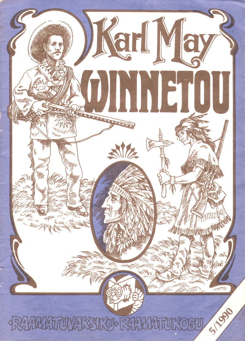Winnetou - Karl May (Eesti Raamat, 1990). Mustvalgetes joonistustes kujutatud kaks tegelast: vasakul kaabuga ja püssiga cowboy ning paremal sulgedega ehtitud indianipealik profiilis. Joonistusstiil on lihtne ja graafiline, sarnane vintage-illustratsioonidele.