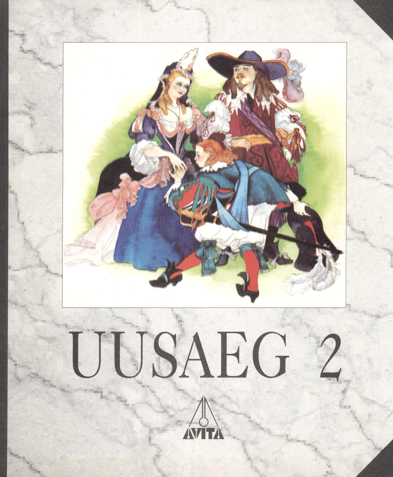 Uusaeg - Olga Kaljundi, Olaf Klaassen, Mati Laur, Juta Kivimäe, Helmut Piirimäe (Avita, 1995). Valge marmorimustriga taustal värviline illustratsioon, mis kujutab uusaegses rõivastuses tegelasi — naist ja meest kärbiga mütsis ning kuke ja koeraga.