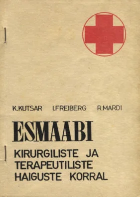 Esmaabi kirurgiliste ja terapeutiliste haiguste korral - Kuulo Kutsar, Inga Freiberg, Raul Mardi (Tallinna Pedagoogikaülikool, 1993). Beežikal taustal paikneb punane rist valges ringis, mis on klassikaline meditsiini ja esmaabi sümbol. Kaane kujundus on lihtne ja funktsionaalne, kasutades tumedat teksti heledal papitaolisel taustal.