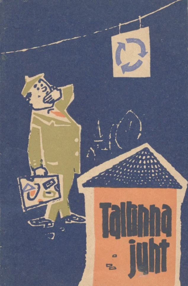 Tallinna juht - Armult Reinsalu (Eesti Riiklik Kirjastus, 1964). Sinise taustaga kaanel on lihtsas joonistuslikus stiilis kujutatud mehe siluett kohvriga, kes vaatab üles tänavamärgi poole. Paremal nurgas on väike maja ja üleval rippub nool-sümboliga silt.