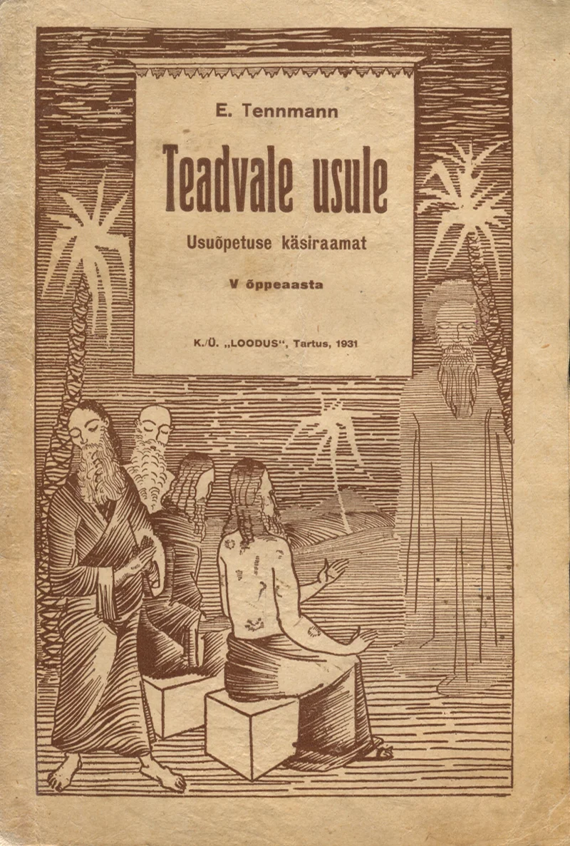 Teadvale usule - Eduard Tennmann (Loodus, 1931). Mustvalge joonistusega kaanepilt, millel on kujutatud pikades rüüdes vanemaid mehi ja noori inimesi kõrbes palmipuude all, viitades piibelliku või idamaise temaatikaga stseenile. Illustratsioon on teostatud detailse puugravüüri või tindijoonise stiilis.