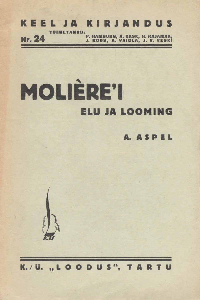 Molière'i elu ja looming - Aleksander Aspel (Loodus, 1935). Minimalistlik mustvalge kaanekujundus, millel on väike stiliseeritud leegilaadne või sulekujuline dekoratiivelement keskel allosas. Tekst on paigutatud selgelt loetavate blokkidena lihtsal heledal taustal.