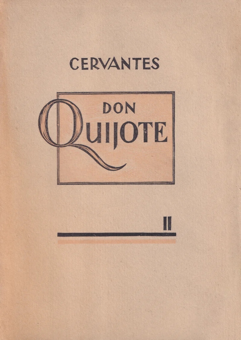 Teravmeelne hidalgo Don Quijote Mancha'st - Miguel de Cervantes Saavedra (Ilukirjandus ja Kunst, 1947). Lihtne ja elegantne tüpograafiline kaanekujundus kahvaturoosakal taustal, kus pealkiri on esitatud dekoratiivse käsikirjalise kirjastiili ja trükitähtede kombinatsioonis. Kaane allosas on horisontaalne joon ja rooma number II, mis tähistab teist köidet.