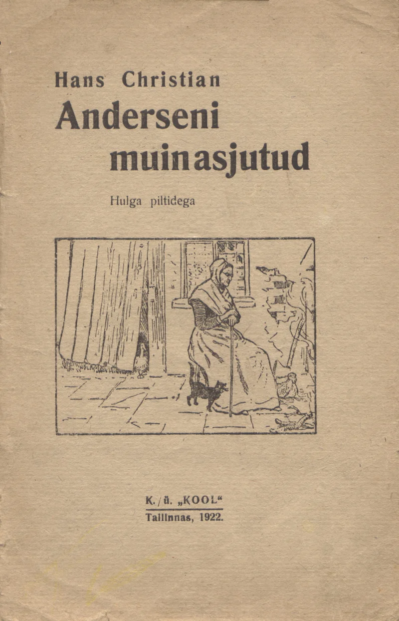 Hans Christian Anderseni muinasjutud - Hans Christian Andersen (Kool, 1922). Mustvalge joonistusega kaane keskel on kujutatud pikka mantlit kandvat naisfiguuri ja koera tänaval, vanaaegses illustratiivses stiilis. Taust on kahvatukollane, kujundus lihtne ja tagasihoidlik, iseloomulik 1920. aastate trükistele.