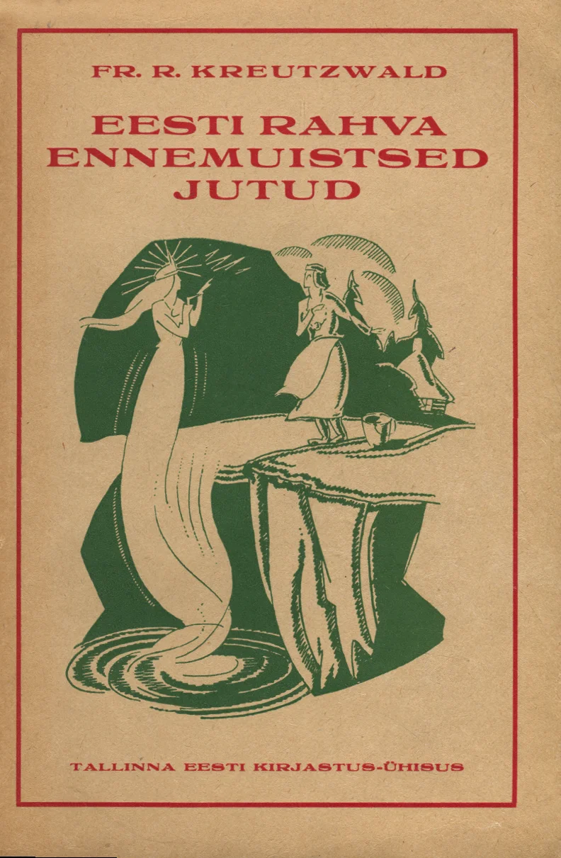 Eesti rahva ennemuistsed jutud - Friedrich Reinhold Kreutzwald (Tallinna Eesti Kirjastus-Ühisus, 1924). Mustvalge graafilisel illustratsioonil kujutatakse pikades riietes naisefiguuri ja müstilist linnukujulist olendit taimsete elementide keskel. Kaane taust on kreemjasvalge, tekst ja illustratsioon on tumepruunis toonis, andes raamatule vanaaegsed ja rahvapärase ilme.