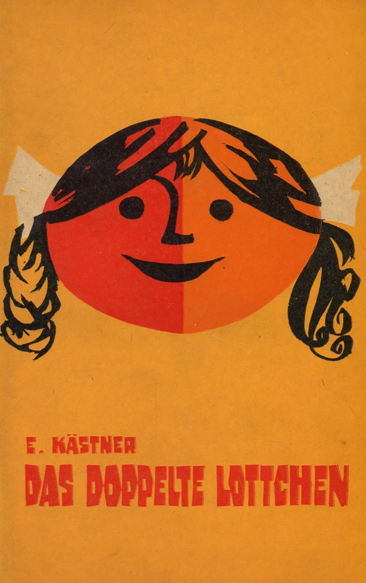 Das doppelte Lottchen - Erich Kästner (Valgus, 1978). Kollasel taustal kujutatud suure punase-oranži ringina stiliseeritud tüdruku nägu, millel on rõõmsameelne naeratus ja mõlemal küljel tumedad pikad patsipalakad.