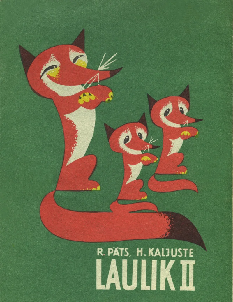 Laulik II klassile - Riho Päts, Heino Kaljuste (Valgus, 1982). Rohelisel taustal kolm stiliseeritud karikatuurset oranži rebase kujutist erinevas suuruses, mis moodustavad mängulise kompositsiooni. Illustratsioon on lapselikult lihtne ja värviküllane, retrostiilis joonistus.