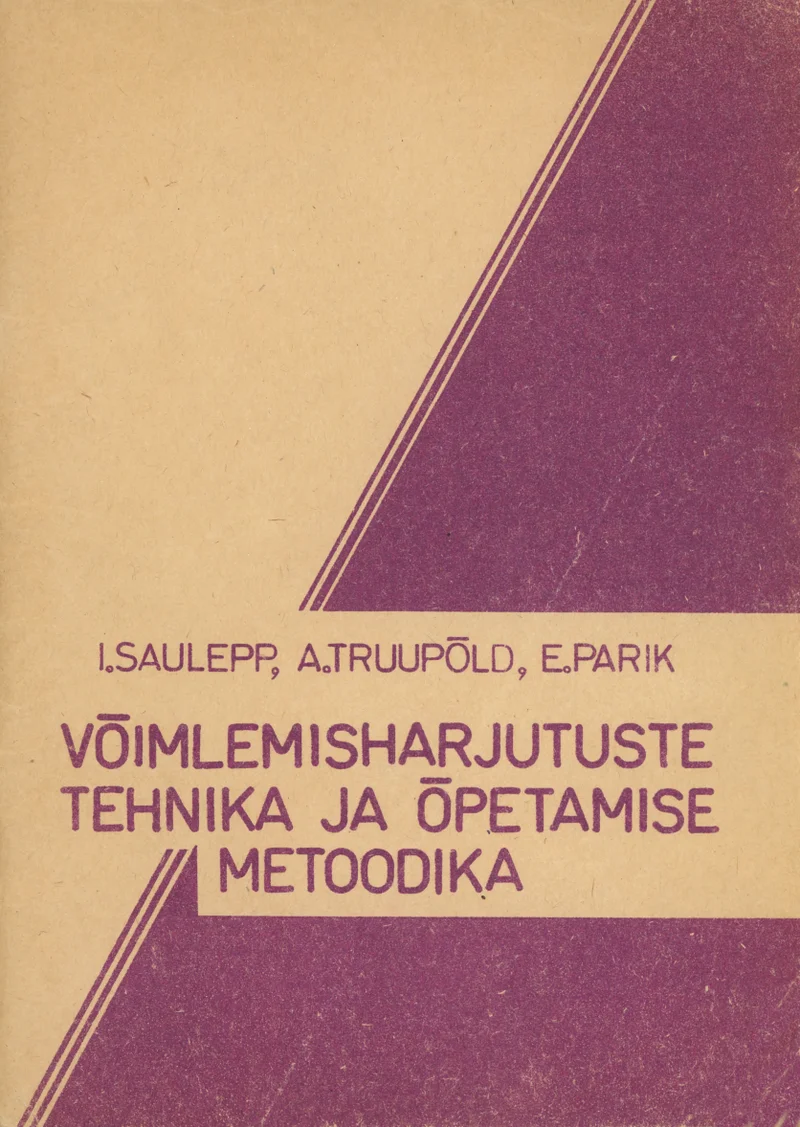 Võimlemisharjutuste tehnika ja õpetamise metoodika - Ilmo Saulepp, Enno Parik, Andres Truupõld (E. Vilde nim. Tallinna Pedagoogiline Instituut, 1980). Minimalistlik kahvaturoosa taust koos lihtsa geomeetrilise kolmnurgakujulise kujundielemendiga kaane paremas ülanurgas. Kujundus on tagasihoidlik ja funktsionaalne, tüüpiline nõukogude ajastule.