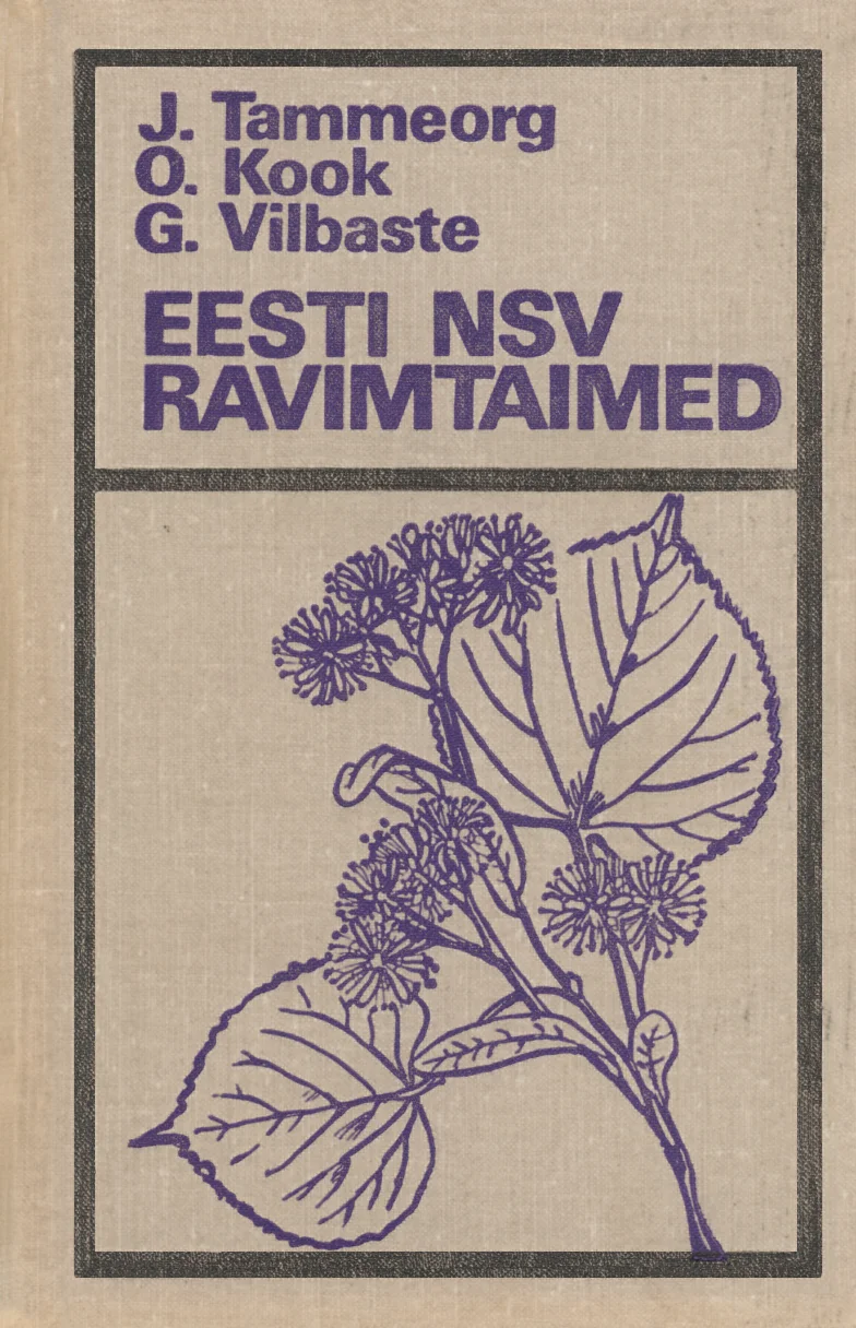 Eesti NSV ravimtaimed - Oskar Kook, Johannes Tammeorg, Gustav Vilbaste (Valgus, 1973). Beežil taustal lilla joonistusstiiliga kujutatud taimeoks lehtede ja marjadega, minimalistlik ja elegantne botaaniline illustratsioon.