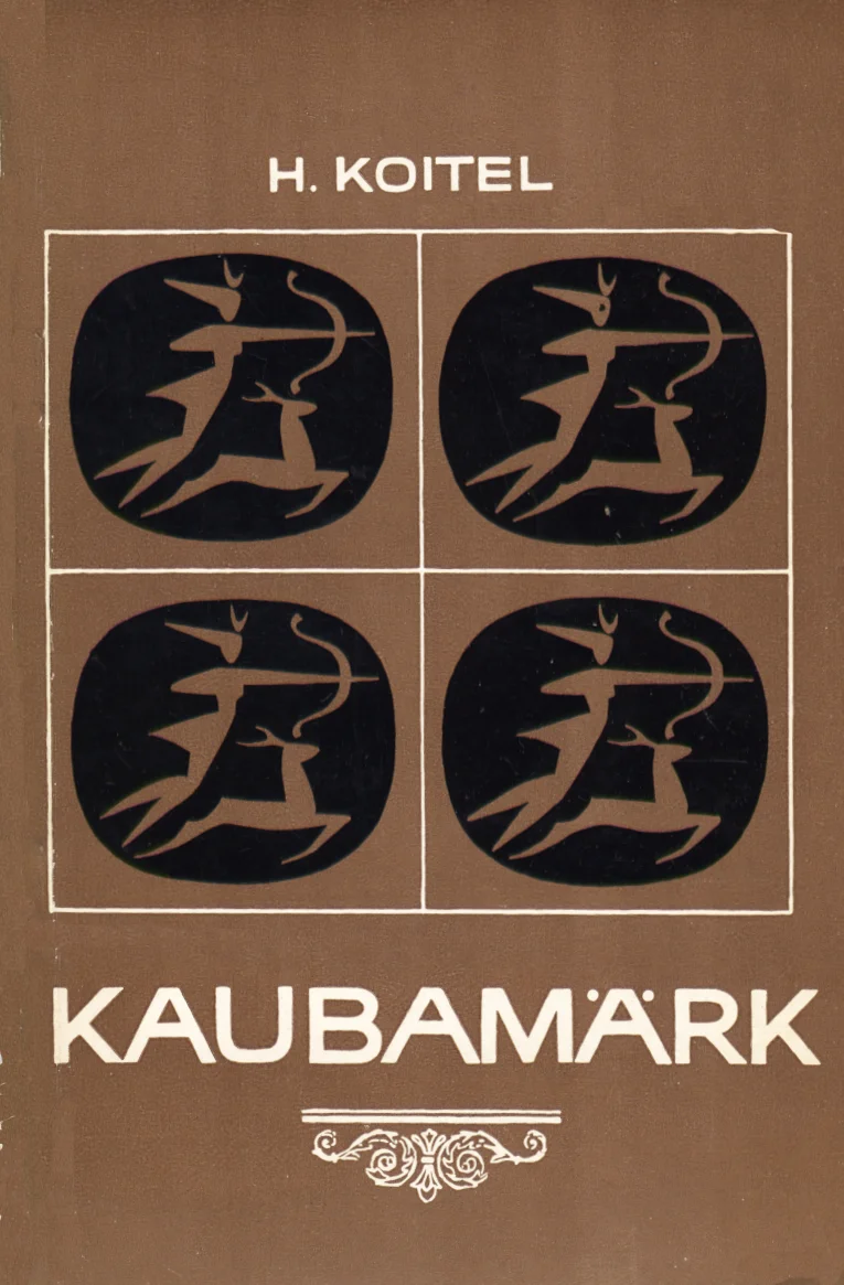 Kaubamärk - Heinu Koitel (Eesti Raamat, 1972). Pruunikal taustal neli musta ruutu, milles kujutatud stiliseeritud põdrad ja vibulaskja siluetid. Graafiline, rangelt geomeetriline kujundus meenutab puulõiket või pitsatijäljendit.