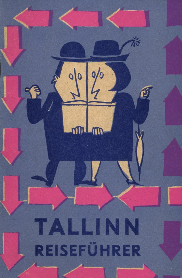 Tallinn - Armult Reinsalu (Eesti Raamat, 1967). Sinakashallil taustal on koomilises stiilis illustratsioon kahest kübaraga mehest, kes seisavad seljaga üksteise poole ja hoiavad koos ajalehte. Ümber tegelaste on paigutatud erkroosad noolekujulised graafilised elemendid, mis osutavad erinevatesse suundadesse.