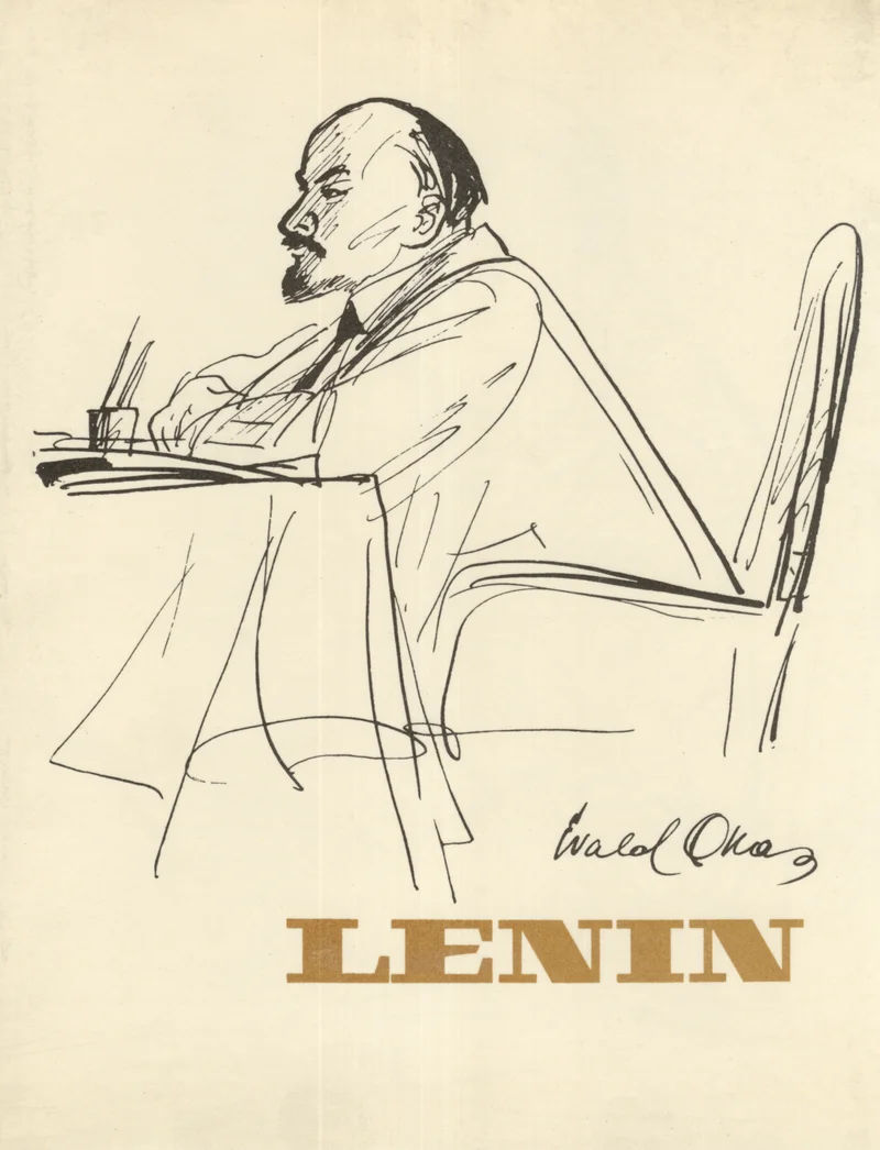 Lenin - Rein Loodus, Evald Okas (Kunst, 1970). Mustvalge joonistusskitss istuvast mehest, kes on kujutatud küljelt ja näib olevat süvenenud mõtisklustesse. Minimalistlik ja vabakäeline joonistusstiil, allosas kuldpruunid suurtähed raamatunimega.