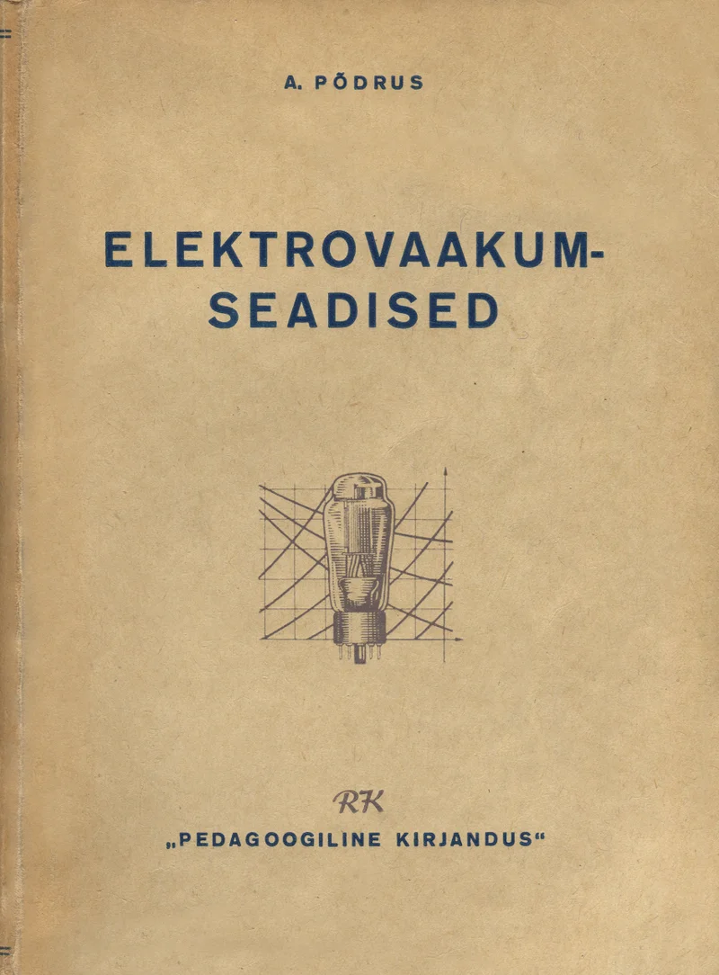 Elektrovaakumseadised - Albrecht Põdrus (Pedagoogiline Kirjandus, 1949). Lihtsa, minimalistliku kujundusega helehall kaas, mille keskel on must-valge tehniline joonisjoonistus elektrovaakumtoru läbilõikest. Kujundus on range ja funktsionaalne, iseloomulik nõukogude-aegsele õppekirjandusele.