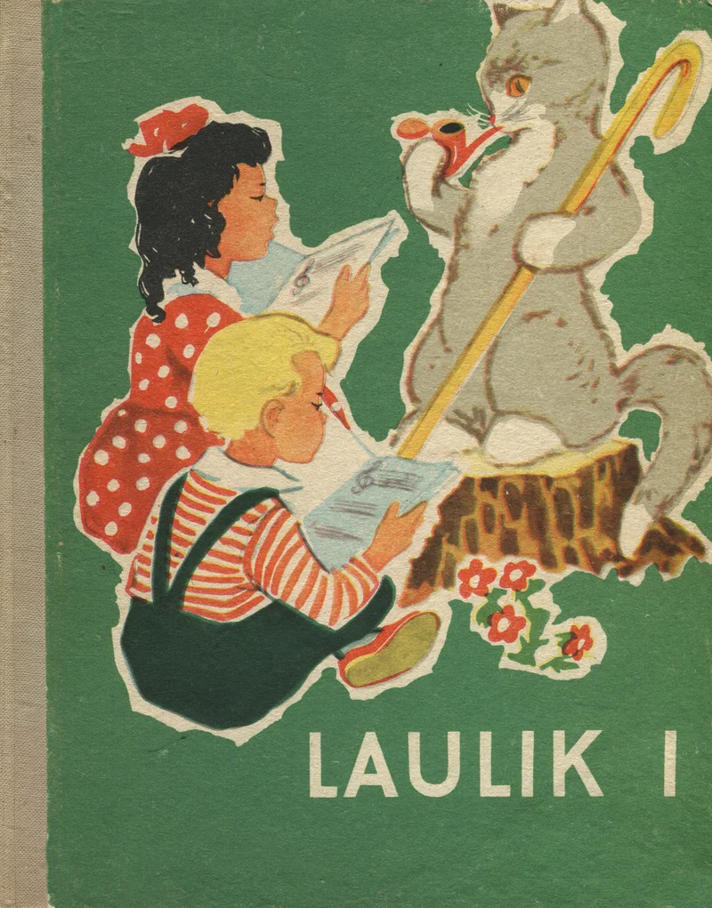 Laulik I - Edgar Arro, Harri Kõrvits, Aado Velmet (Eesti Riiklik Kirjastus, 1963). Lasteraamatule iseloomuliku stiilis illustratsioon, kus kaks last — tüdruk punase-valge triibulise pluusiga ja blond poiss — vaatavad koos lehte, nende kõrval seisab suur hall kass kepiga käes. Kaas on rohelisel taustal, joonistused on sooja ja rõõmsa värvigammaga.