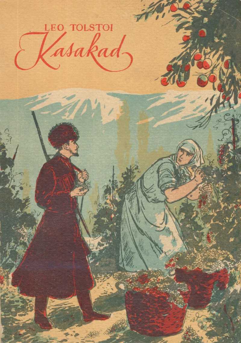 Kasakad - Lev Tolstoi (Ilukirjandus ja Kunst, 1948). Illustreeritud kaanepilt kujutab kasakat mustas kasukas ja kübara ning naist rahvarõivais õunapuu all, punaste õuntega korvide kõrval. Akvarellstiilis joonistus kasutab rohelisi, siniseid ja pruunikaid toone ning loob romantilise Kaukaasia külaelu atmosfääri.