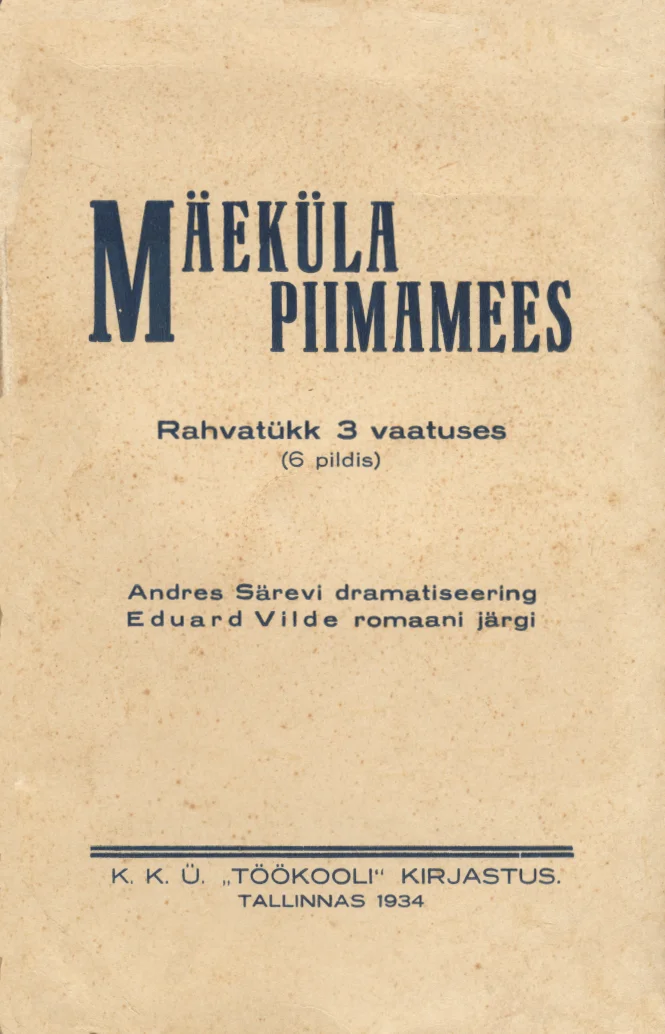 Mäeküla piimamees - Eduard Vilde (Töökool, 1934). Lihtne ja minimalistlik tekstipõhine kaanekujundus kreemjasbeežil taustavärvil, ilma illustratsioonideta. Pealkirja tähed on trükitud suures ja julges kirjas, ülejäänud tekst väiksemas klassikalises trükikirjas.