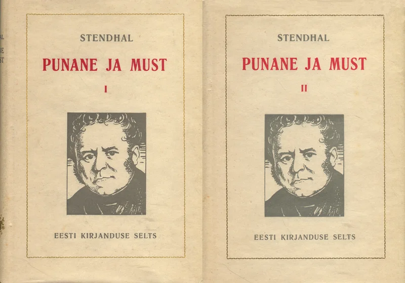 Punane ja must I-II - Stendhal (Eesti Kirjanduse Selts, 1938). Kahte identse kujundusega köidet kattev minimalistlik must-valge kaanedisain, millel on graafiline portreejoonis mehest profiilis.