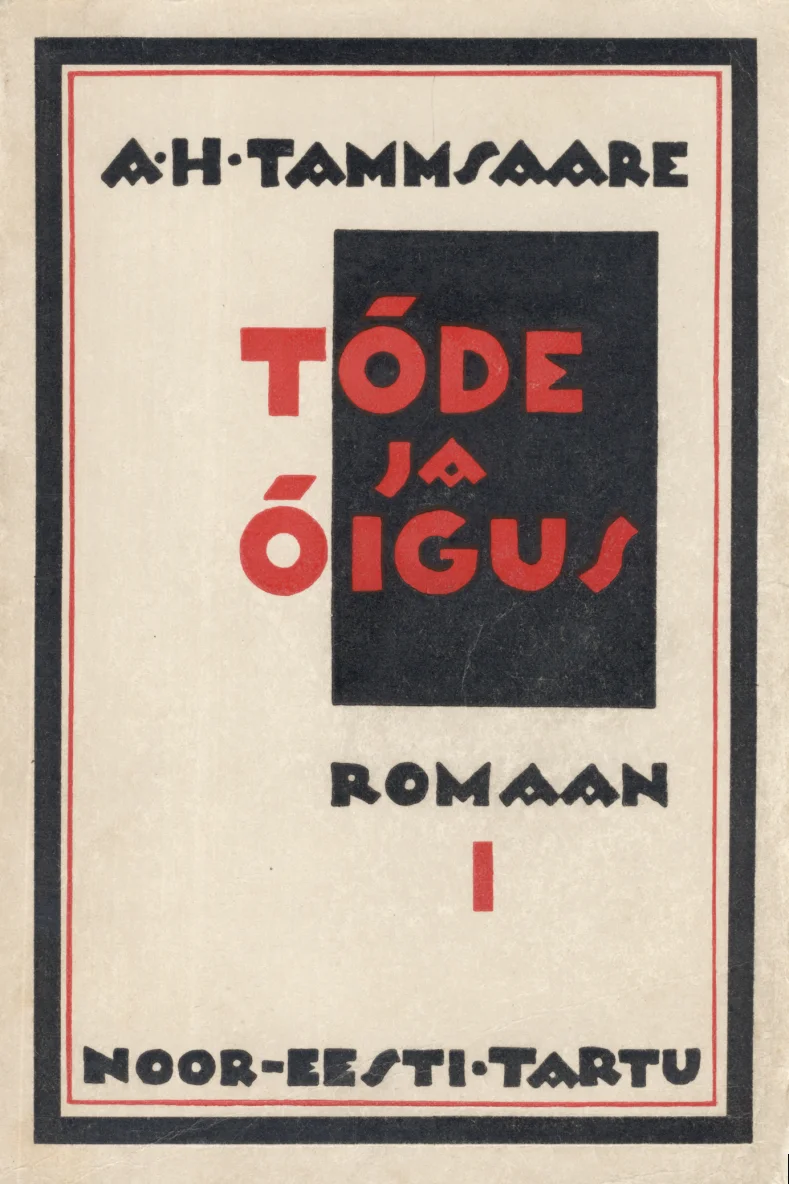Tõde ja õigus - Anton Hansen Tammsaare (Noor-Eesti, 1940). Minimalistlik art deco stiilis kujundus, kus valkjal taustal paikneb must ruudukujuline tekstiplokk. Kujundus kasutab geomeetrilisi vorme ja klassikalist trükitüpograafiat.