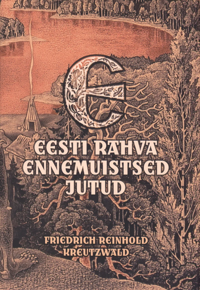Eesti rahva ennemuistsed jutud - Friedrich Reinhold Kreutzwald (Koolibri, 2006). Pruunikates toonides detailne graafiline illustratsioon, mis kujutab metsast küla maastikku puude ja taluehitistega. Kaunistatud suurte ornamentaalsete algustähtedega, mis annavad kaanele vanaaegse käsikirjalise ilme.