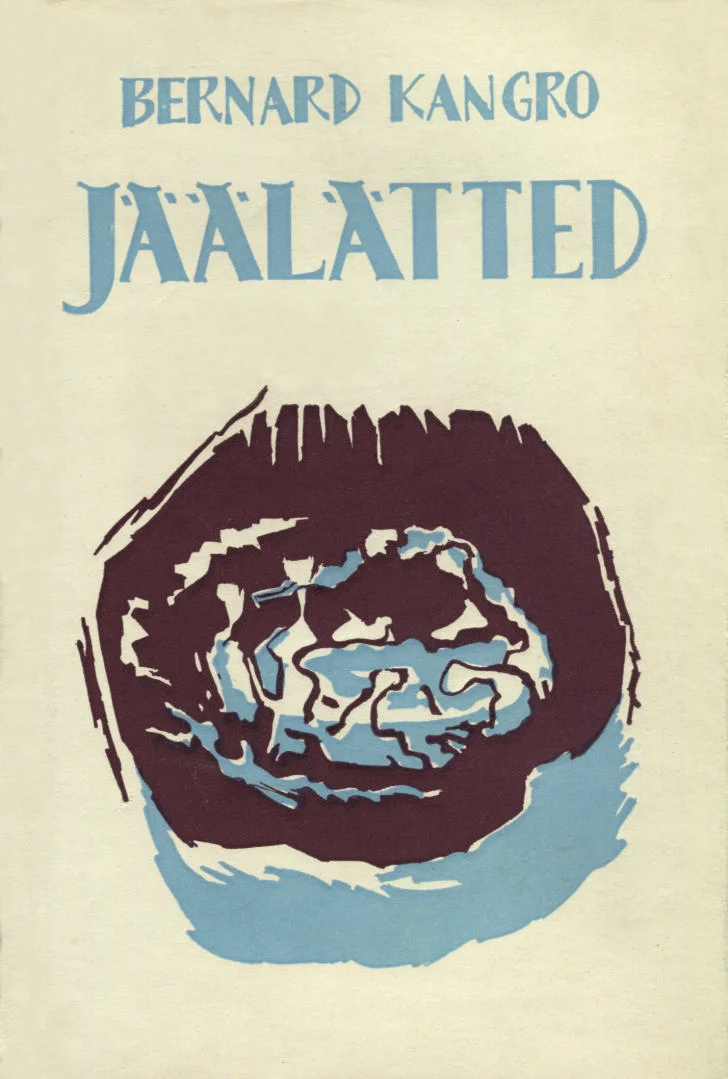 Jäälätted - Bernard Kangro (Eesti Kirjanike Kooperatiiv, 1958). Minimalistlik graafika kujutab tumepruuni ja sinise toonides jääauku või veehoidlat, mille ümber on näha lume- ja jääkihte. Kujundus on lihtne ja ekspressiivne, loodi trükigraafikatehnikas.
