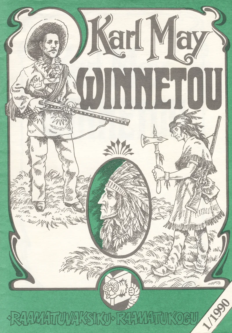Winnetou - Karl May (Eesti Raamat, 1990). Rohelisel taustal mustvalge joonistusstiiliga kaanekujundus, millel on kujutatud kaks lääne tegelast – püssiga cowboy ja tomahawkiga indiaanlane – ning keskel suur indiaanlase pealiku portree peaehete ja sulgedega.