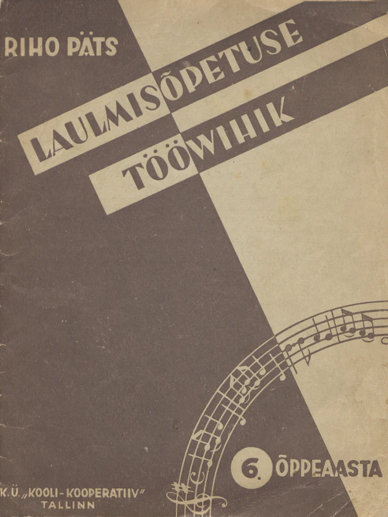 Laulmisõpetuse töövihik - Riho Päts (Kooli-Kooperatiiv, 1936). Minimalistlik must-valge kujundus, millel on kaldkirjas pealkirjatekst ja dekoratiivne noodijoon koos nootidega paremas servas. Lihtne, rangelt kujundatud kaas viitab kooliõpiku stiilile.