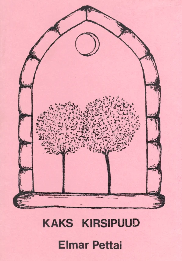 Kaks kirsipuud - Elmar Pettai (1995). Roosakal taustal must joonistus, mis kujutab kaarekujulist akent või väravat, mille sees seisab kaks õitsevat puud ja taeva kohal paistab kuu. Minimalistlik, käsitsi joonistatud stiil.