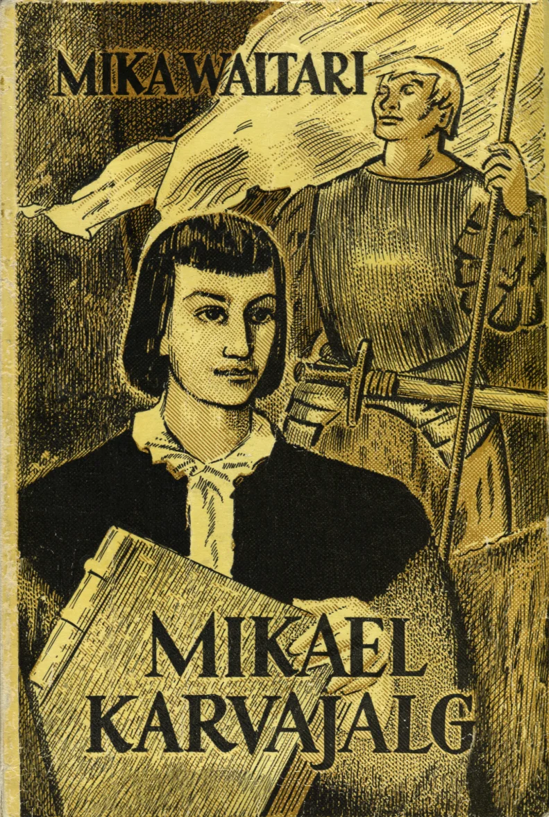 Mikael Karvajalg - Mika Waltari (Orto, 1957). Kollakasrohelisel taustal kujutab kaane illustratsioon kahte tegelast: esiплааnil noor mees tumeda lühikese soenguga, taustal soomustatud sõdalane mõõgaga. Joonisjooneline, klassikalises ajaloolise romaani stiilis graafiline illustratsioon.