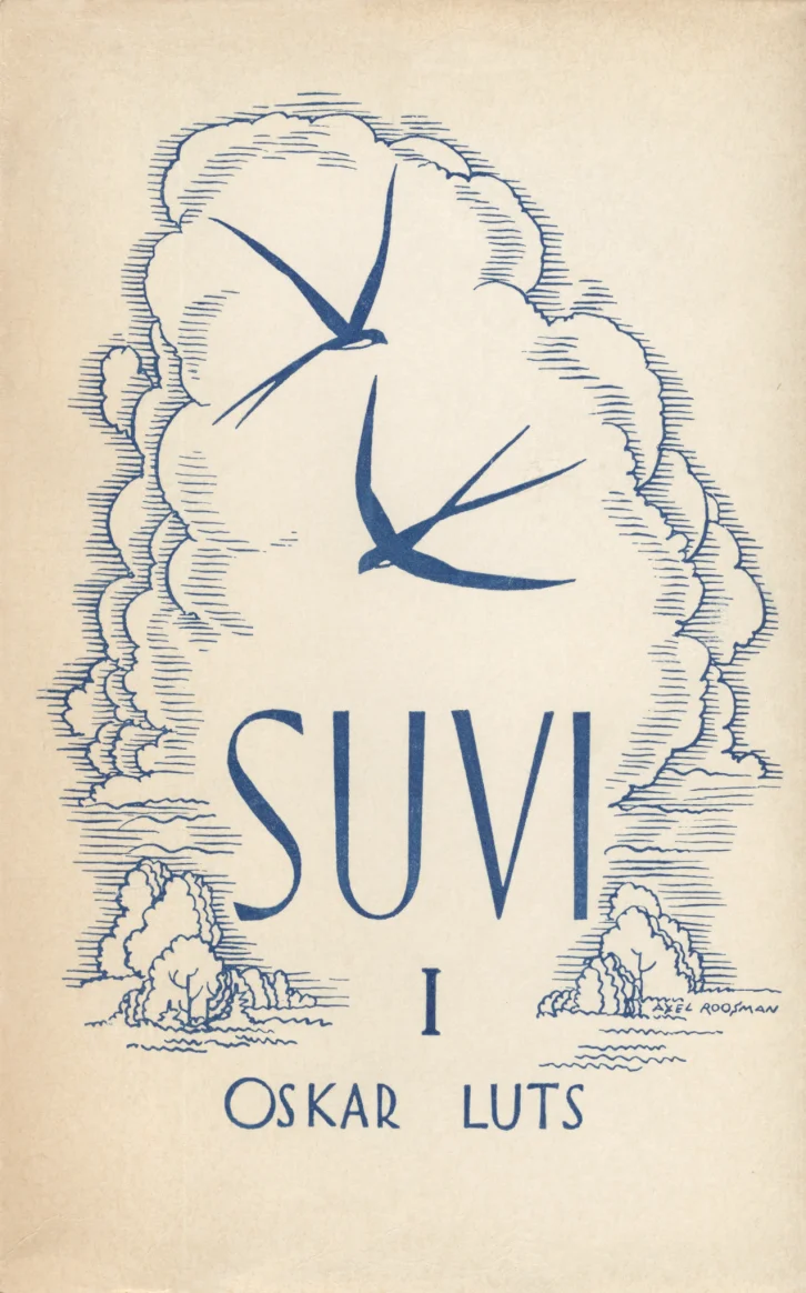 Suvi - Oskar Luts (Orto, 1951). Heledal taustal graafiline joonistus, kus suured pilved tõusevad puude kohal ning nende ees lendavad kolm sinisemusta pääsukest.