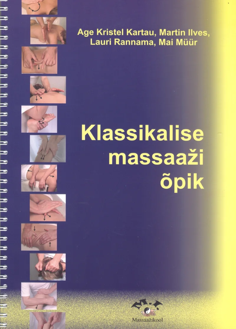 Klassikalise massaaži õpik - Lauri Rannama, Age Kristel Kartau, Mai Müür, Martin Ilves (M.I. Massaažikool, 2008). Kahvatusinisel taustal on külgedel väikesed fotod erinevatest massaaživõtetest ja kehapiirkondadest. Kaane kujundus on lihtne ja õpikule omane.