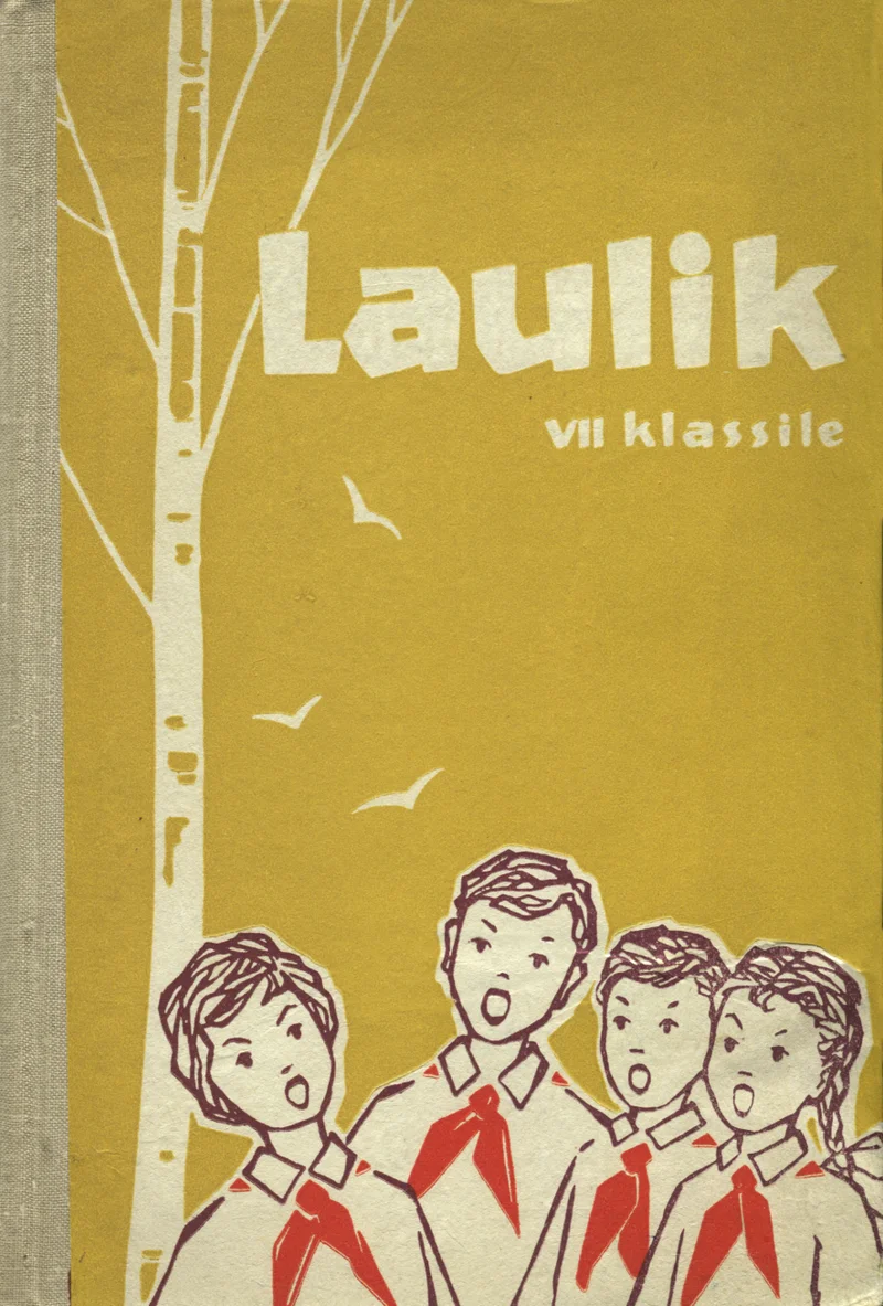 Laulik VII - Riho Päts (Valgus, 1966). Kollakasrohelisel taustal on joonistatud rühm laulvaid pioneeriliipse kandvaid lapsi ning taustal kased ja lendavad linnud.