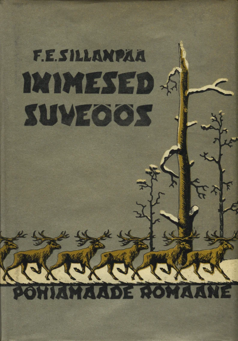 Inimesed suveöös - Frans Eemil Sillanpää (Eesti Kirjastuse Kooperatiiv, 1936). Tumeroheline kaanekujundus kujutab jooksva põhjapõtrade karja siluette, mille taustal on kõhnad, lumised puud. Illustratsioon on teostatud dekoratiivses, art deco-laadses stiilis.
