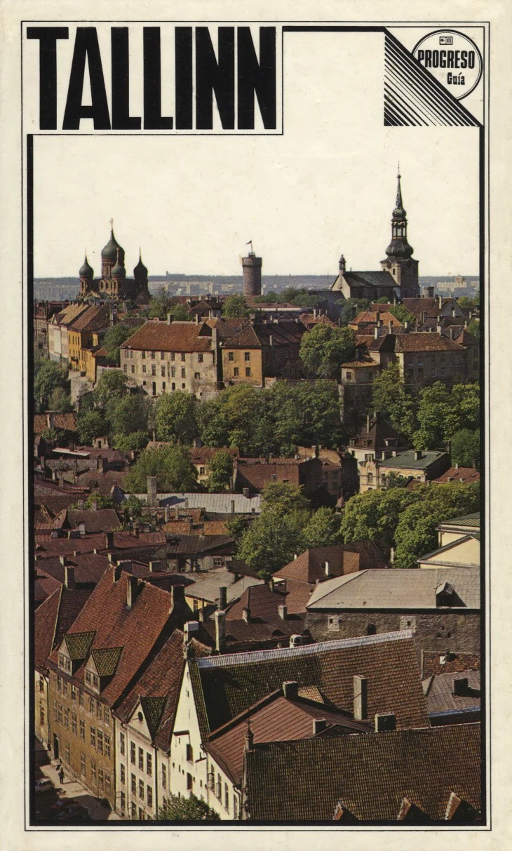 Tallinn - Heino Gustavson, Raimo Pullat (Progress, 1980). Kaanepildil on panoraamfoto Tallinna vanalinnast, kus domineerivad punakaspruunid katused, tornid ja roheluse keskel paiknevad kirikud. Foto on tehtud kõrgelt ning annab edasi nõukogude-aegset trükistiili soojades pruunikaskollastes toonides.