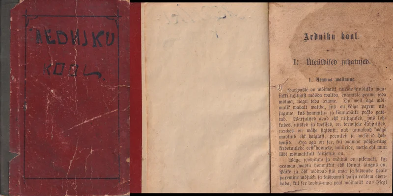 Aedniku kool - Mats Tõnisson, Avelinius Tõnisson (G. Pihlaka raamatukauplus, 1902). Kulunud tumepunase köitega väike raamat, mille kaanel on käsitsi või lihtsas trükis kirjutatud tekst. Avatud raamat näitab tiitellehte ja tekstilehekülge vanas eesti keeles.