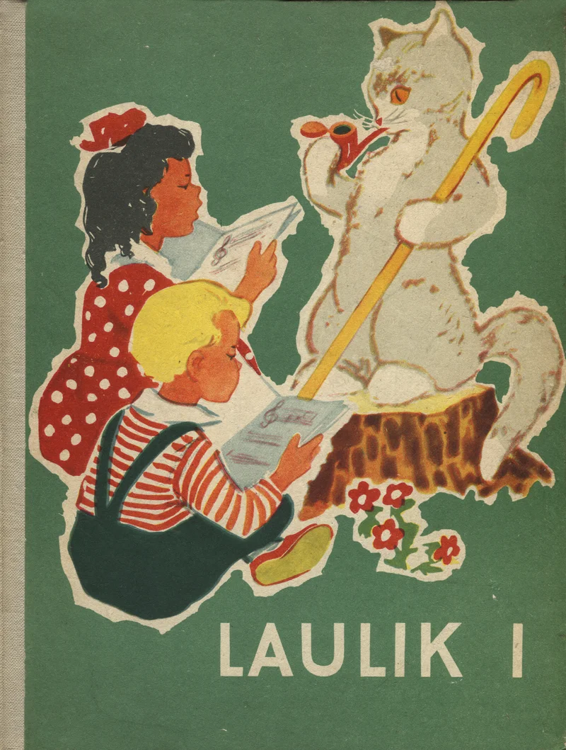 Laulik I - Harri Kõrvits, Aado Velmet, Edgar Arro (Eesti Riiklik Kirjastus, 1962). Rohelisel taustal kaks last — tüdruk punases triiksärgis ja poiss — kes vaatavad raamatut, nende kõrval seisab tagajalgadel suur valge kass käpp nagu kepp käes. Illustratsioon on naivistlikus, soojades toonides joonistatud lasteraamatu stiilis.