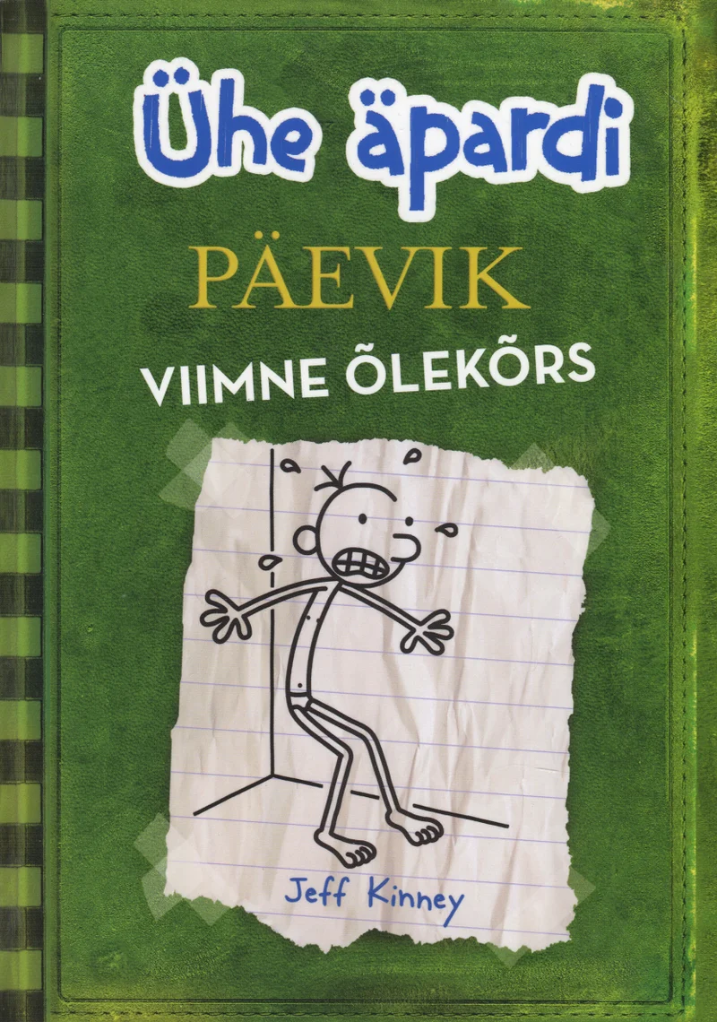 Ühe äpardi päevik - Jeff Kinney (Ajakirjade Kirjastus, 2012). Roheline kulunud väljanägemisega kaaned, mille keskel on ruuduline märkmikuleht käsitsi joonistatud jooksva poisi karikatuuriga. Joonistus on lihtne pliiatsistiilis kriipsjoonistus, mis kujutab paanikas või kiirustamas poissi.